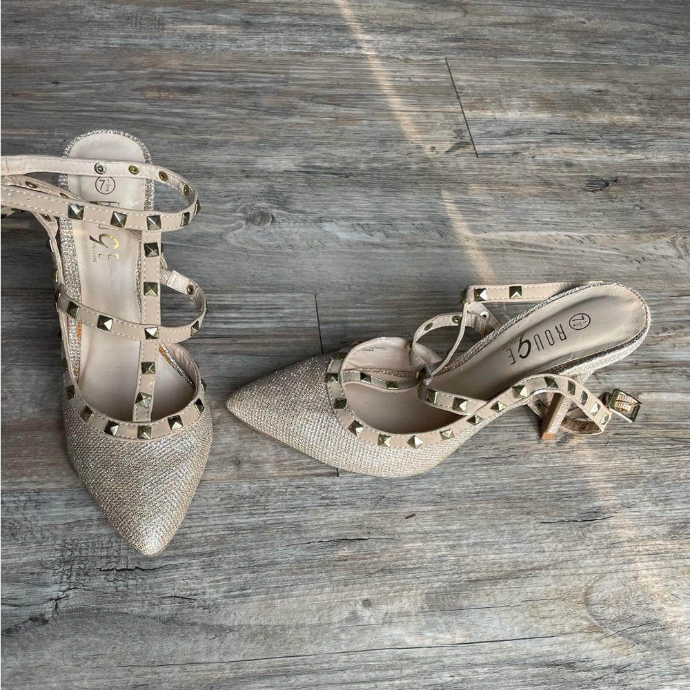 Shiny Pointed Toe Tan Heels With Gold Studs